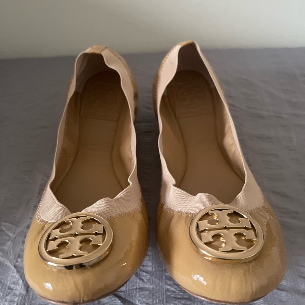 Tory Burch Beige Patent Flats with Gold Logo